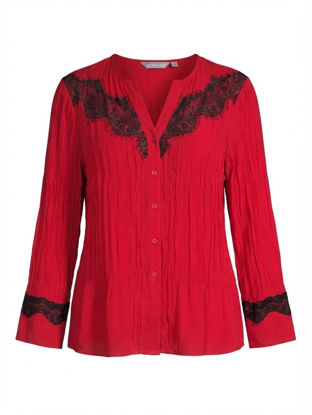 NY Collection Women’s Red Crinkled Blouse with Black Lace Trim Size XL